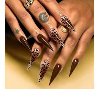 24 unghie a pressione marrone selvatico moka - punta francese marrone leopardo selvatico a spillo caramello stampa animalier - chic safari dichiarazione moderno Animal Instinct look