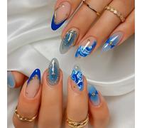 24 unghie a pressione Ocean Glam con accento blu marmo oro, unghie finte corte a forma di mandorla con punta francese, set artificiale da donna estivo stick on kit fatto a mano con punte finte