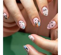 24 unghie a pressione rosa confetto, a forma di mandorla, blu cielo e arancione, zucca, fantasma, bianco mezzanotte, nero, carine, Halloween, spettrale, motivo cartone animato, giocoso, ragnatela per