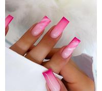 24 unghie a pressione rosa sfumate - design marmorizzato con punte francesi lunghe bara unghie stile K-pop alla moda e artistiche, 12 misure, materiale ABS, nemiche donne e ragazze (ballerina rosa)