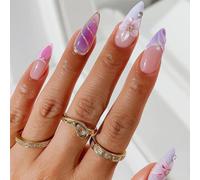 24 unghie a pressione sfumate viola rosa con fiore 3D e design a linea dorata, set di unghie finte a stiletto lungo, fatte a mano in gel acrilico per donne, feste e uso quotidiano