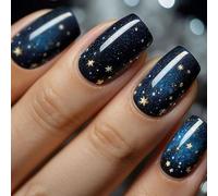 24 unghie a pressione Starry River - punta corta quadrata francese in blu scuro e glitter - unghie adesive riutilizzabili per donne - applicazione rapida con motivo a pois - materiale ABS e strumenti