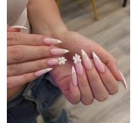24 unghie a spillo in sfumatura rosa e bianca con accenti di fiocco di neve, design con linguette adesive in gelatina per una finitura delicata ma sorprendente per nail art in pochi minuti