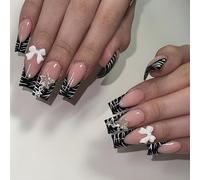 24 unghie acriliche a forma di ragnatela - Punte lunghe quadrate con design a web bianco e nero, fiocco 3D e decorazioni con strass per nail art gotica alla moda - Falso durevole con linguette adesive