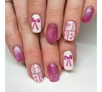 24 unghie artificiali a forma di cuore con fiocco dolce, aderiscono alle unghie scintillanti a copertura completa