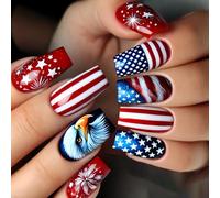 24 unghie artificiali a forma di stella, quadrate, copertura completa, bandiere finte attaccate al giorno dell'indipendenza premere su