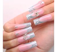 24 unghie artificiali a stella con punta francese, stampa, incollate finte con per la festa