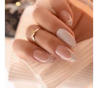24 unghie artificiali con punta francese a mandorla con disegni a strisce glitterate Stampa elegante sulla decorazione del manicure Mandorla artificiale corta