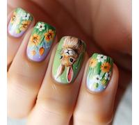 24 unghie artificiali con tema pasquale con motivo floreale, stampa su copertura completa, per unghie corte e quadrate