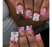 24 unghie artificiali corte a mandorla francese con motivi di ciliegie animali, colla a pressione per le unghie per le donne per la casa nail art