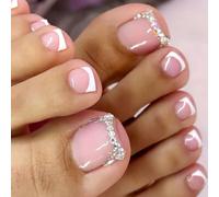 24 unghie artificiali corte quadrate con glitter strass decorazioni premere sull'unghia del piede pedicure per un look elegante da indossare tutti i giorni unghie dei piedi