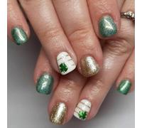 24 unghie artificiali corte quadrate con tema Patricks Day in finitura oro verde finto per aggiornamenti di stili e decorazioni a righe