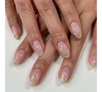 24 unghie artificiali French Short Almond Nude Nail Pieces Full Coverage Nail Tips with White Rand Design for Women and Girls Nail Art (Green Flower)