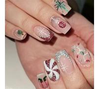 24 unghie artificiali riutilizzabili glitterate rosse e argentate con strass e strass, per unghie da festa