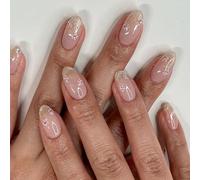 24 unghie artificiali semplici, corte, rotonde, copertura completa, unghie finte glitterate, unghie adesive con fiori dolci, premere sulle unghie