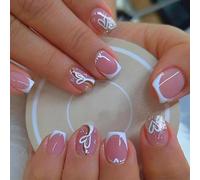 24 unghie bianche a pressione con cuore bianco glitterato, quadrate, con linguette adesive in gelatina, materiale ABS ecologico di alta qualità, stile estivo classico per l'uso quotidiano e occasioni