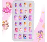 24 unghie colorate a pressione per bambini, unghie finte quadrate a copertura completa, con disegni arcobaleno, nuvola, principessa e farfalla, facili da applicare, non necessarie, kit sicuro per