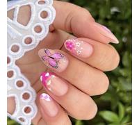 24 unghie corte a mandorla con punta a pressione, unghie finte a forma di fiore, unghie acriliche, copertura completa, unghie adesive