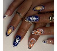 24 unghie corte a mandorla con punta francese blu e bianca, copertura completa con fiori in acrilico