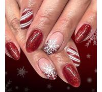 24 unghie corte natalizie a pressione, lucide, ovali, rosse, con design a fiocco di neve e strisce, con glitter rosso, riutilizzabili, in ABS con adesivo gelatina, per donne, regali per le vacanze