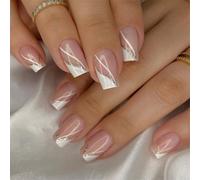 24 unghie corte quadrate a pressione, con punta francese, in acrilico lucido, per manicure, nail art, facile applicazione per donne