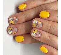 24 unghie corte quadrate a pressione in stile fiore giallo per donne lucide stick on unghie coperture complete unghie finte