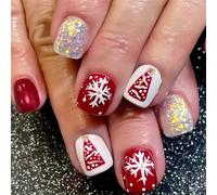 24 unghie corte quadrate con albero di Natale e fiocco di neve, con punta francese glitterata, per donne e ragazze, per le vacanze
