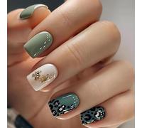 24 unghie corte quadrate leopardate a pressione, con punta francese, stampa animalier verde lucido con lamina d'oro, kit di unghie finte in ABS a copertura completa, 12 misure, per donne e ragazze