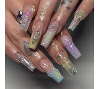 24 unghie finte 3D fatte a mano, a bara, lunghe, riutilizzabili, con design sfumato, unghie artificiali a ballerina, copertura completa, per donne e ragazze