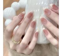 24 unghie finte a bara di medie dimensioni, con punta a pressione, rosa nude, effetto occhio di gatto, rimovibili, con colla, accessori per nail art da donna