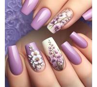 24 unghie finte a bara, lucide, a pressione, in acrilico, a forma di fiore, per manicure, per pendolari o feste, decorazione per nail art