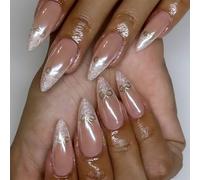 24 unghie finte a forma di mandorla color carne con fiocchi e punte luccicanti di media lunghezza per amanti della moda