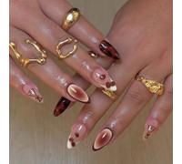 24 unghie finte a mandorla media, marrone scuro, sfumate, a pressione, con design a chicco di caffè, colla rimovibile su acrilico, accessori per donne e ragazze