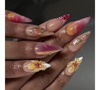 24 unghie finte a mandorla premere su colla artificiale su disegni floreali punte francesi design unghie finte