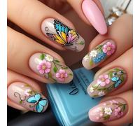 24 unghie finte a mandorla premere su colla artificiale su disegni floreali punte francesi su unghie bara mandorla punta francese sull'unghia