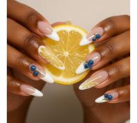 24 unghie finte a pressione, a forma di mandorla, con mirtillo e limone, con linguette adesive in gel per una facile applicazione e un look manicure di lunga durata