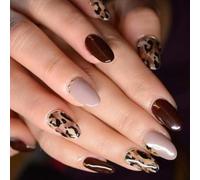 24 unghie finte a pressione, corte leopardate di mandorle, lucide, copertura completa, unghie adesive per l'inverno, decorazione artistica