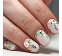 24 unghie finte a pressione, corte, quadrate, con fiori incantevoli, lucide, copertura completa per unghie