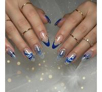 24 unghie finte a pressione in marmo blu e oro, lunghe unghie finte a mandorla con strumenti accessori, eleganti extension adesive con lamina d'oro blu, kit falso per donne e ragazze, feste e uso