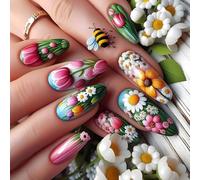 24 unghie finte a pressione, lucide, con gocce d'acqua, fiori, copertura completa, unghie finte