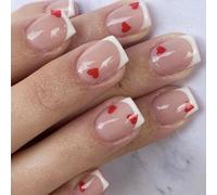 24 unghie finte a pressione, per San Valentino, corte, quadrate, a forma di cuore, bianche, con punta francese, unghie acriliche