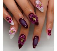 24 unghie finte a pressione, sfumate bordeaux, con perline dorate, punte lucide a forma di mandorla con strumenti accessori per una facile manicure fai da te