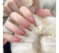 24 unghie finte a punta francese lunghe bara premere sulle unghie scintillanti argento unghie finte rosa Ombre Stick sulle unghie colla rimovibile sulle unghie unghie unghie acriliche punte per unghie