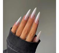 24 unghie finte a stiletto a forma di fiore, con motivi francesi verdi, belle mandorle da donna, unghie finte extra lunghe in acrilico, lunghe per nail art, 9beige, lunghe3