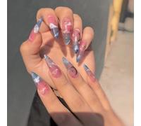 24 unghie finte a stiletto a forma di fiore, con motivi francesi verdi, belle mandorle da donna, unghie finte extra lunghe in acrilico, lunghe per nail art, luna e stiletto1