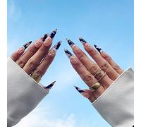 24 unghie finte a stiletto a forma di fiore, con motivi francesi verdi, belle mandorle da donna, unghie finte extra lunghe in acrilico, per nail art, colore nero e nuvola1