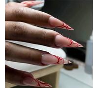 24 unghie finte a stiletto lungo, a strisce rosse mandorle, copertura completa, colla su unghie finte, in acrilico lucido, per donne e griglie