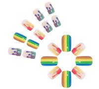 24 unghie finte a strisce arcobaleno lucide, corte, quadrate, per donne e ragazze, decorazione artistica