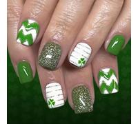 24 unghie finte bianche glitterate a tema trifoglio verde, migliorate per feste di bellezza e celebrazioni, quadrifogli fortunati