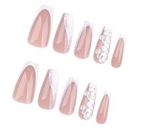 24 unghie finte bianche lucide a pressione con punta francese, unghie finte di media lunghezza, in acrilico, motivo serpente